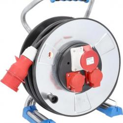 Schwabe Enrouleur métal CEE 25m - 2 prises Schuko (230V 16A) + 1 prise CEE (400V, 16A, 5 broches) -