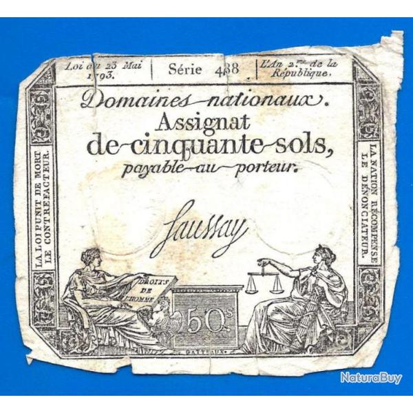 France Assignat 50 Sols 1793 Signature Faussay