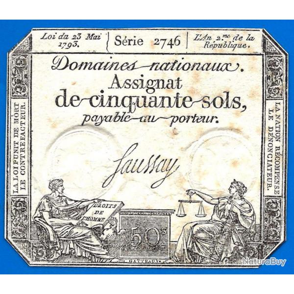 France Assignat 50 Sols 1793 Signature Faussay