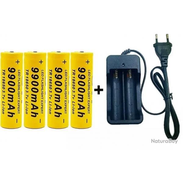 4 Batterie lithium-ion rechargeable, 18650 V, 3.7 mAh,9900MAH + 1 chargeur