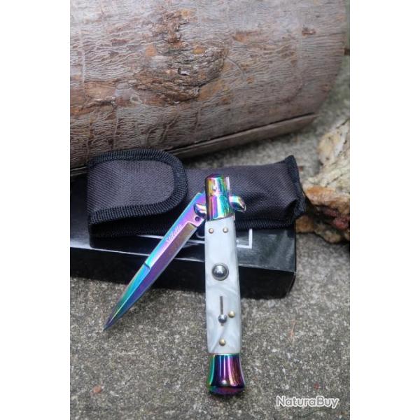 Stiletto Couteau Automatique Mafia Milano Lame Acier 440C Manche Couleur Neige Dble Scurit Etui