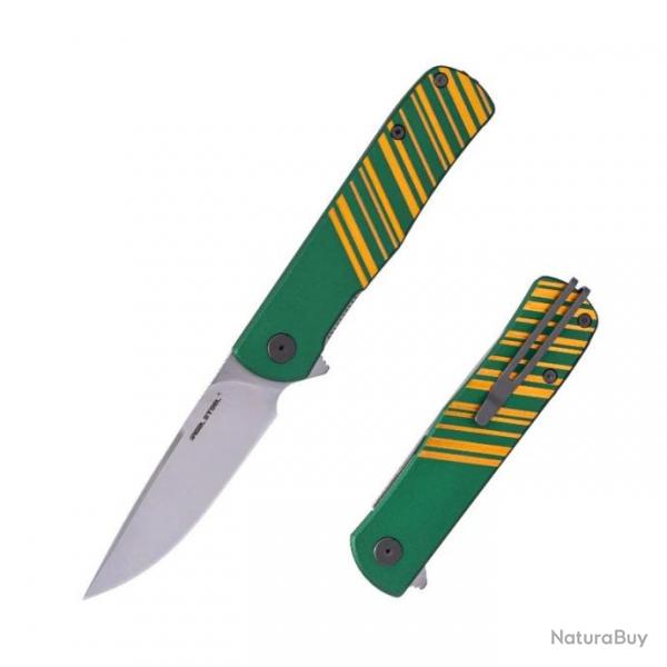 Couteau Real Steel Karly Green/Gold Manche Aluminium Lame Acier VG10 IKBS Linerlock Clip RS6051