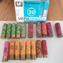 MANUFRANCE. lot de 18 cartouches anciennes..cal. 20 et 12.+5 VERAPLAST cal 20.+ cartouchière cal.12