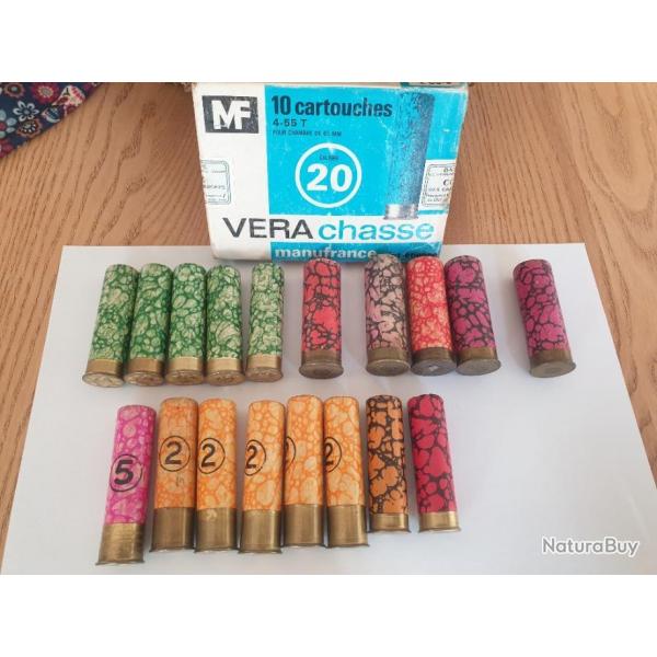 MANUFRANCE. lot de 18 cartouches anciennes..cal. 20 et 12.+5 VERAPLAST cal 20.+ cartouchire cal.12