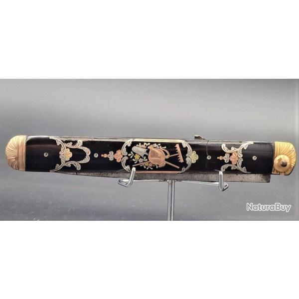 COUTEAU DE LUXE ROBERT  LANGRES XVIII CAILLE ET INCRUSTATIONS TROIS ORS - ATTRIBUTS JARDIN - FRAN