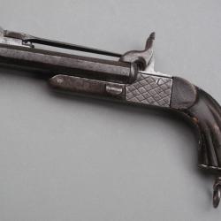 Beau pistolet de voyage double-canon avec baïonnette déployante système Lefaucheux calibre 9 mm