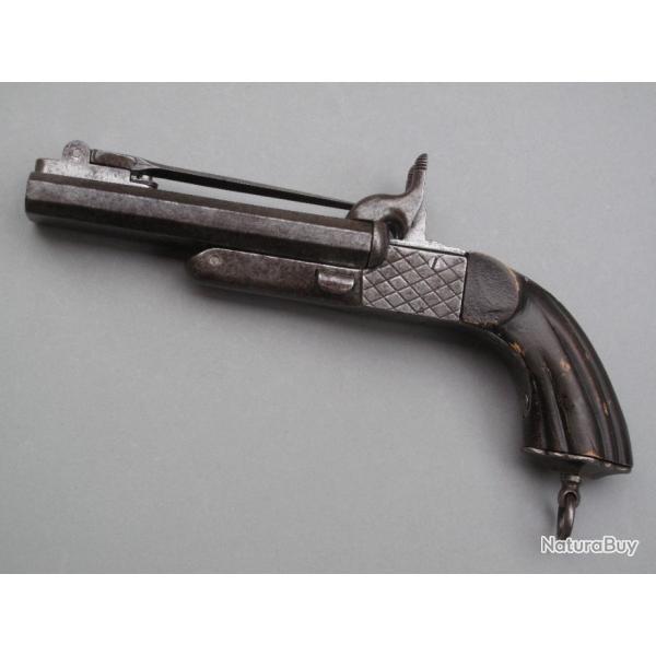 Beau pistolet de voyage double-canon avec baonnette dployante systme Lefaucheux calibre 9 mm