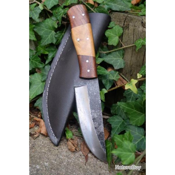 Poignard Bushcraft Couteau de Chasse Survie Lame Carbone 1075 Manche Bois Etui Cuir Fabr Artisanat A