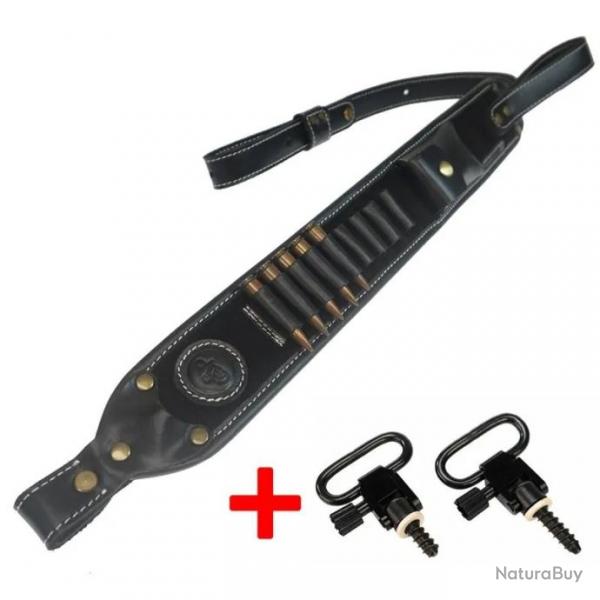 Sangle de fusil en cuir avec 2 merillons pour. 308 .30-06, .45-70   LIVRAISON NOIR GRATUITE !!