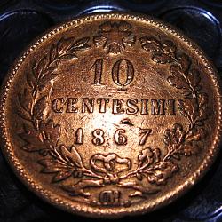 ITALIE piece de 10 centesimi cuivre 1867 OM diametre 30 mm
