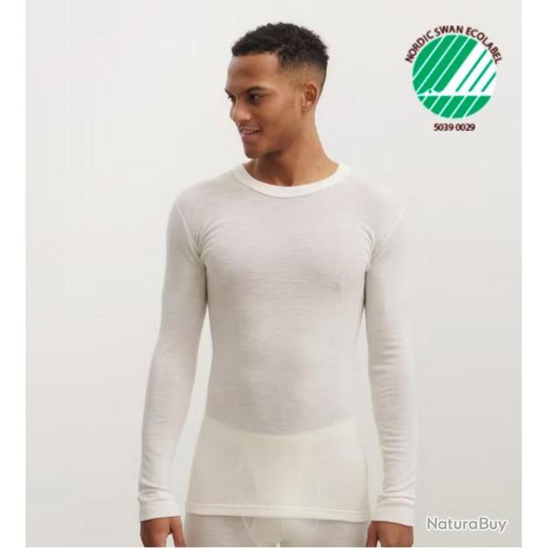Haut homme manches longues chaud col rond pure laine mrinos cru, gris ou bleu blanc cru M (mdium
