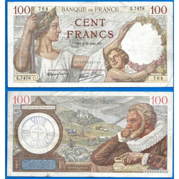 France 100 Francs 1940 Surcharge Vive de Gaulle au Verso Grand Billet Sully Franc Frs Frc Frcs