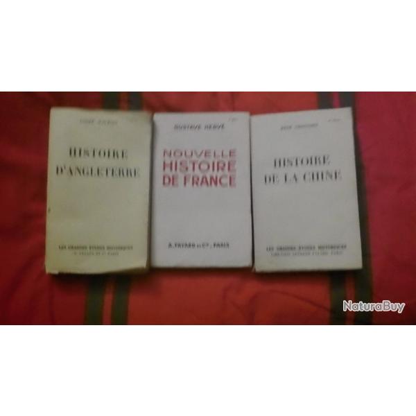 lot de 3 vieux livres d'histoire : FRANCE, ANGLETERRE et CHINE