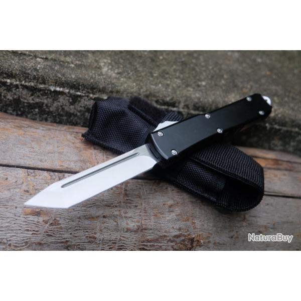 Couteau Automatique OTF Out the Front Tanto Lame Acier 440 Manche Aluminium Noir Etui Tactical 001