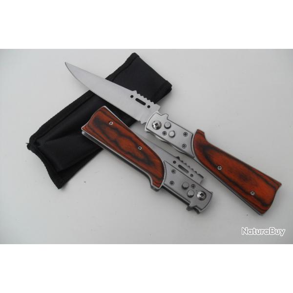 Grand Couteau Automatique Forme AK47 Lame Droite Acier 11 cm Manche Bois 13,5 cm Outdoor