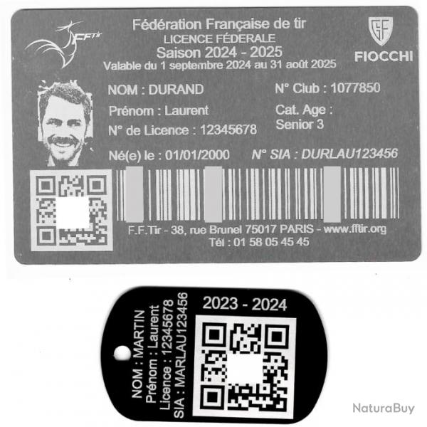 Licence de tir aluminium argente + Port cl TAG militaire en aluminium grav au laser (Recto)