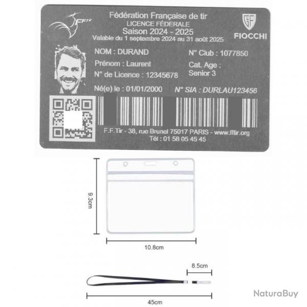 Licence de tir en aluminium argente grav au laser (Recto) + Porte badge tour de cou