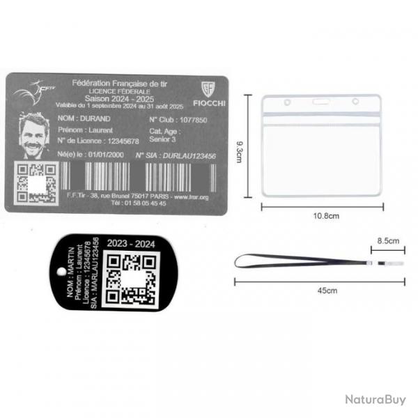 Licence de tir aluminium argente + Port cl TAG militaire en aluminium grav au laser (Recto) + Po