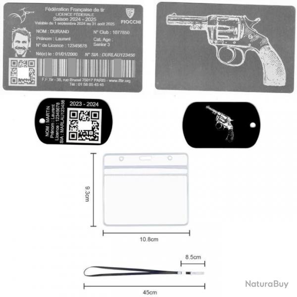 Licence de tir aluminium argente+Port cl TAG militaire en aluminium grav au laser (Recto / Verso