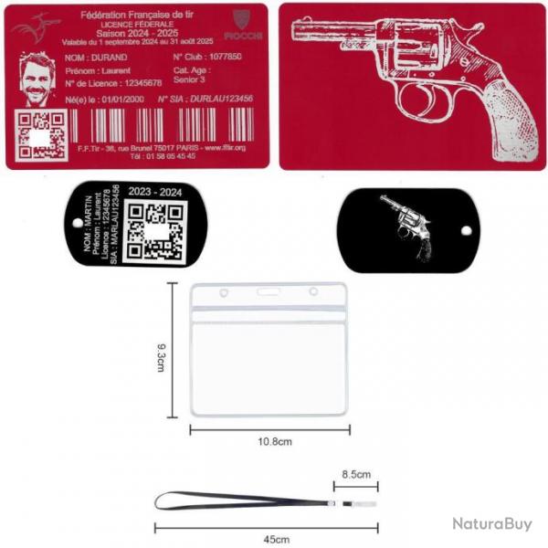 Licence de tir aluminium rouge +Port cl TAG militaire en aluminium grav au laser (Recto / Verso) 