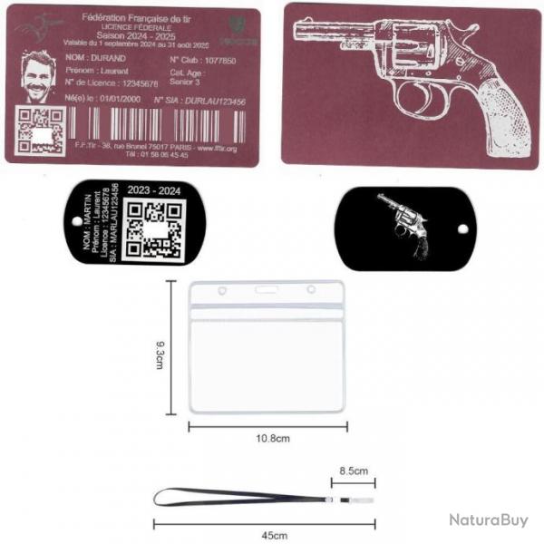 Licence de tir aluminium rose +Port cl TAG militaire en aluminium grav au laser (Recto / Verso) +