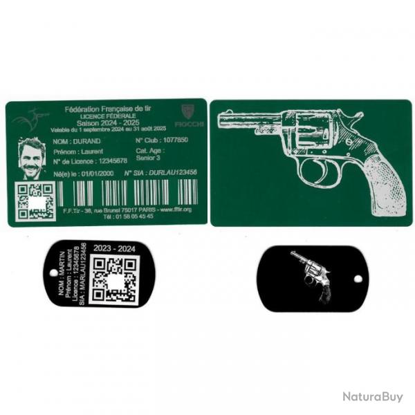 Licence de tir aluminium vert + Port cl TAG militaire en aluminium grav au laser (Recto / Verso)