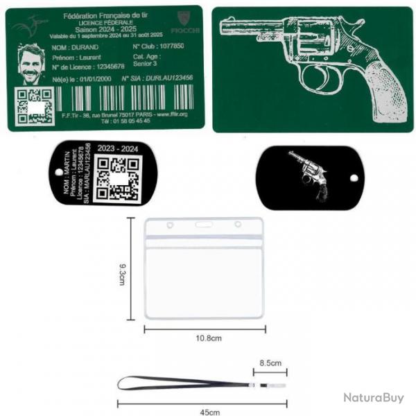 Licence de tir aluminium vert +Port cl TAG militaire en aluminium grav au laser (Recto / Verso) +