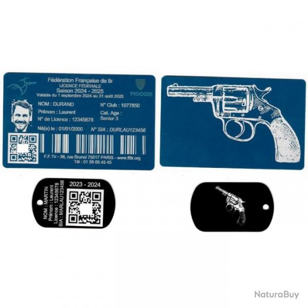 Licence de tir aluminium bleu + Port cl TAG militaire en aluminium grav au laser (Recto / Verso)