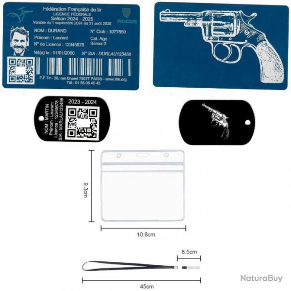 Licence de tir aluminium bleu +Port cl TAG militaire en aluminium grav au laser (Recto / Verso) +