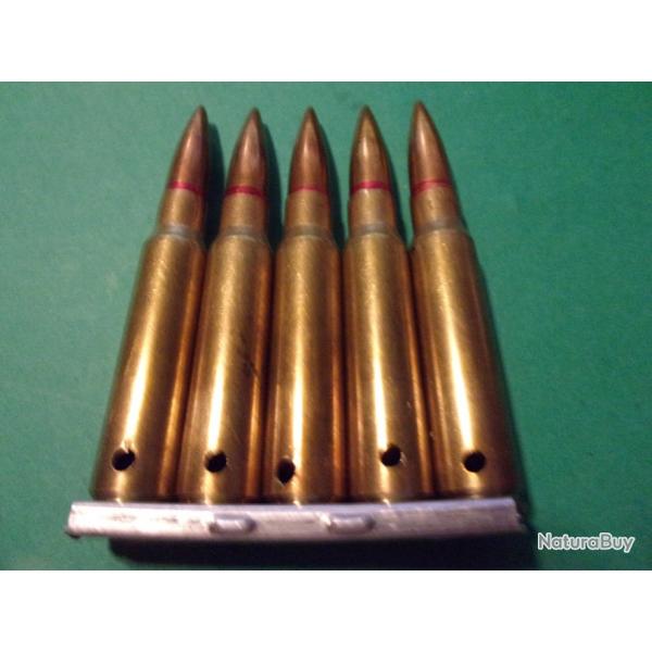 5 munitions sur clip en 7,5x54 MAS 3-64 MI F 7,5, tui laiton balle blinde cuivre neutralises