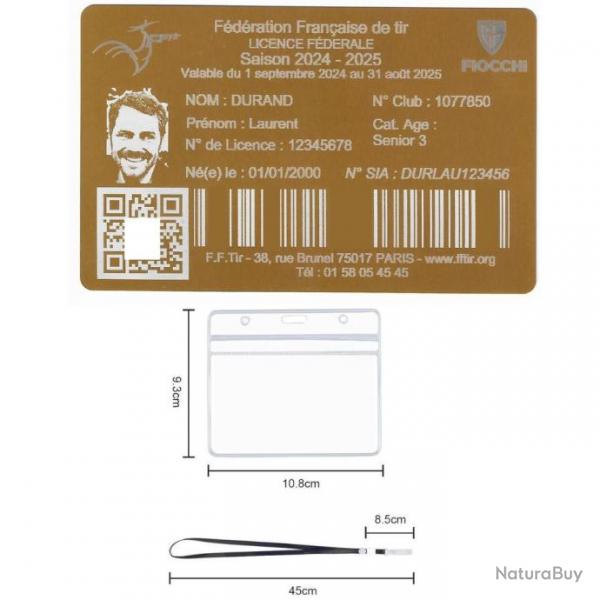 Licence de tir en aluminium dor grav au laser (Recto) + Porte badge tour de cou