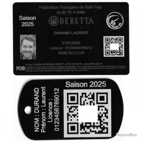 Licence de tir FFBT + Port cl TAG militaire en aluminium grav au laser (Recto)