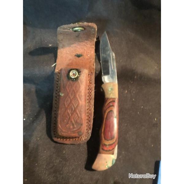 couteau pliant de chasse avec son etui en cuir 185mm