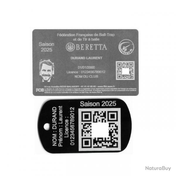 Licence de tir FFBT argent + Port cl TAG militaire en aluminium noir grav au laser (Recto)