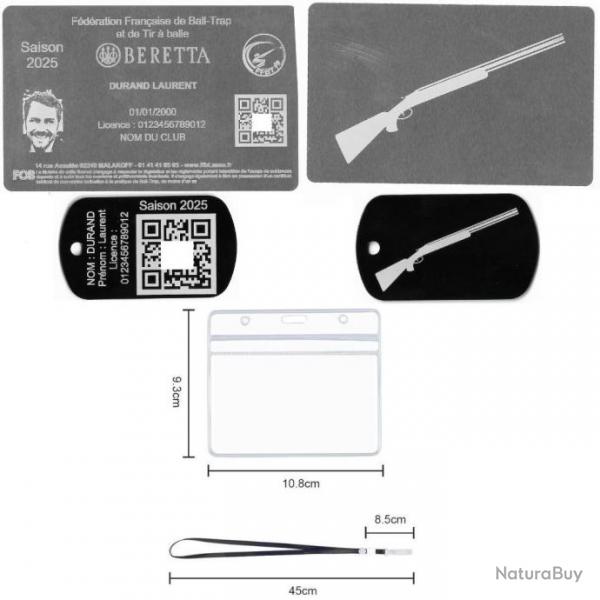 Licence de tir FFBT argent + Port cl TAG militaire en aluminium grav au laser (Recto / Verso) + 