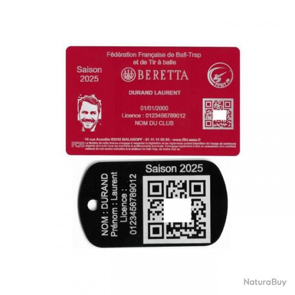 Licence de tir FFBT rouge + Port cl TAG militaire en aluminium grav au laser (Recto)