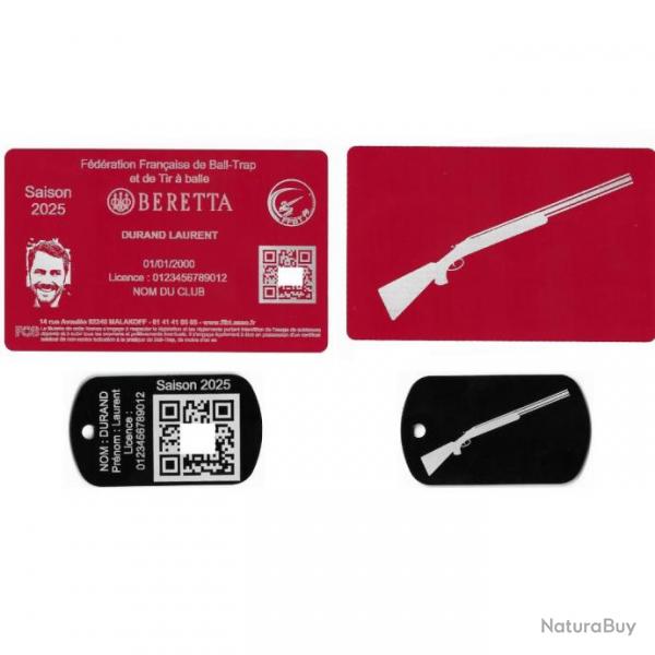 Licence de tir FFBT rouge + Port cl TAG militaire en aluminium grav au laser (Recto / Verso)