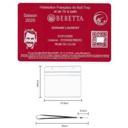 Licence de tir FFBT rouge en aluminium gravé au laser (Recto) + Porte badge tour de cou