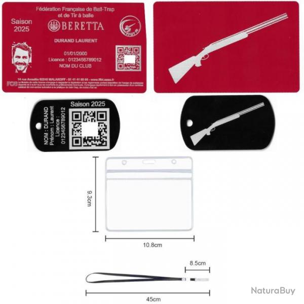 Licence de tir FFBT rouge + Port cl TAG militaire en aluminium grav au laser (Recto / Verso) + Po