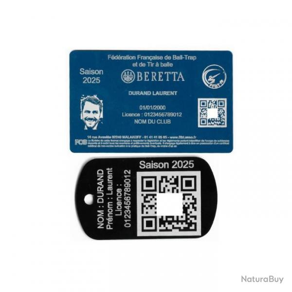 Licence de tir FFBT bleu + Port cl TAG militaire en aluminium grav au laser (Recto)