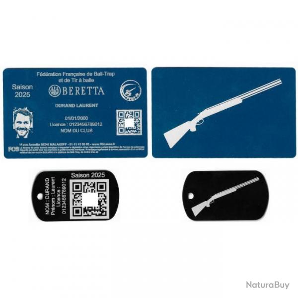 Licence de tir FFBT bleu + Port cl TAG militaire en aluminium grav au laser (Recto / Verso)