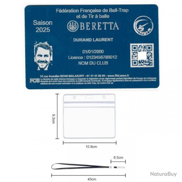 Licence de tir FFBT bleu en aluminium grav au laser (Recto) + Porte badge tour de cou