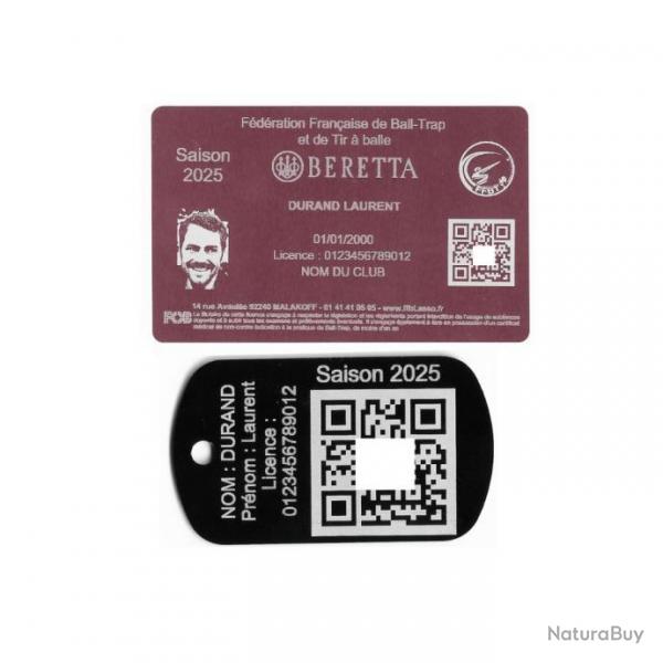 Licence de tir FFBT rose + Port cl TAG militaire en aluminium grav au laser (Recto)