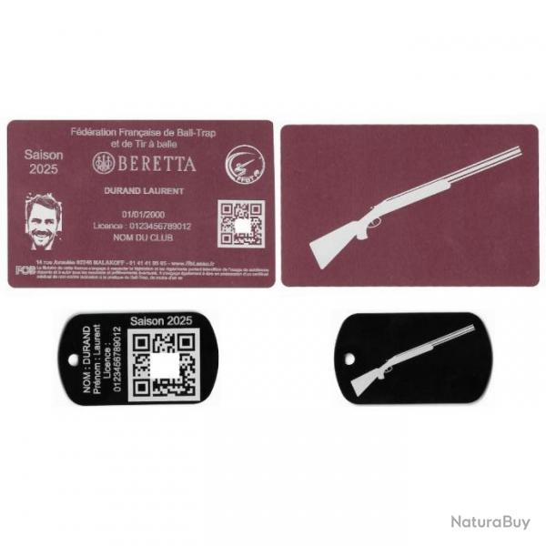 Licence de tir FFBT rose + Port cl TAG militaire en aluminium grav au laser (Recto / Verso)