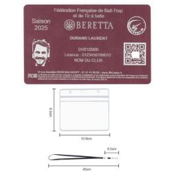 Licence de tir FFBT rose en aluminium gravé au laser (Recto) + Porte badge tour de cou