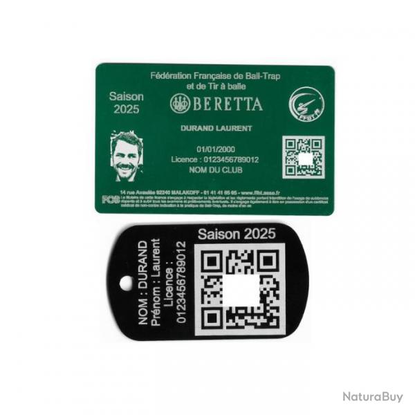 Licence de tir FFBT vert + Port cl TAG militaire en aluminium grav au laser (Recto)