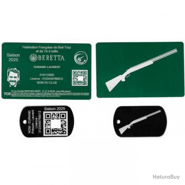 Licence de tir FFBT vert + Port cl TAG militaire en aluminium grav au laser (Recto / Verso)