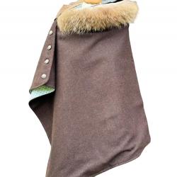 Cape Harriet - Tweed marron mocha 100 % laine - col fourrure amovible - fabriquée en France U