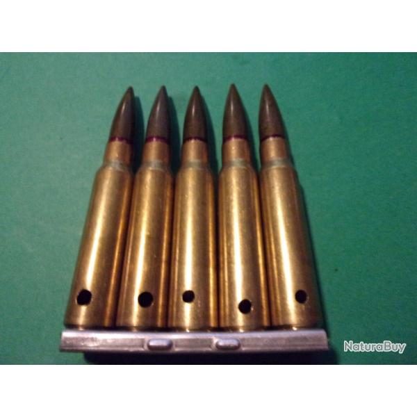 5 Munitions 7,5x54  sur clip IE F du 1-70 France, tui laiton, balle blinde tombac, neutralise