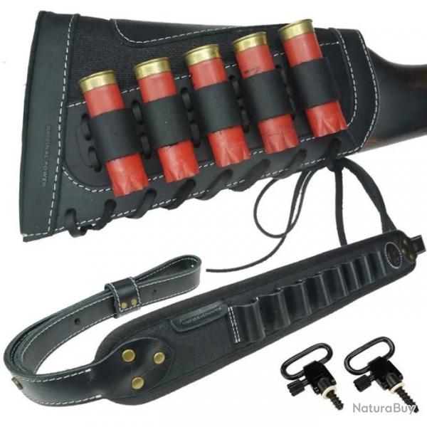 Sangle en cuir pour fusil -munitions de calibre 12 AVEC 2 attaches (NOIR) LIVRAISON GRATUITE !!